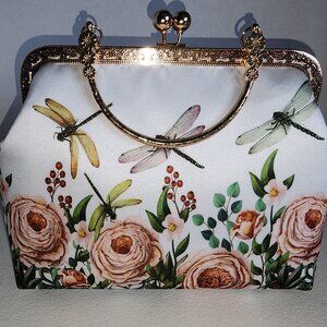 Gold Tone Clutch Fabric Dragonfly Purse, Snap & Lock Closure Handle New!